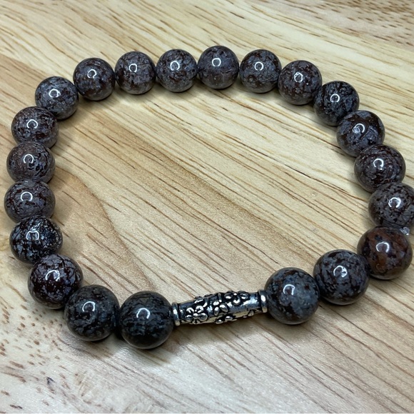 Coffee Brown Snowflake Jasper 8mm Beaded Bracelet with Flower Scroll Bead - Picture 2 of 5